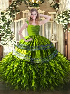 Organza Straps Sleeveless Zipper Beading and Ruffles Quinceanera Dress in Olive Green