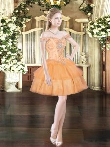 Fitting Orange Red Organza Lace Up Off The Shoulder Sleeveless Mini Length Homecoming Dress Beading and Ruffled Layers