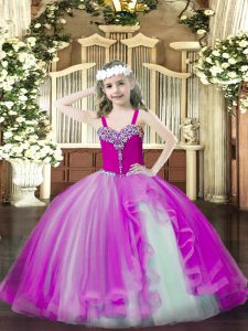 Beauteous Beading Kids Pageant Dress Fuchsia Lace Up Sleeveless Floor Length