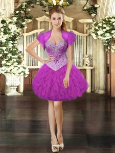 Mini Length Lace Up Prom Evening Gown Fuchsia for Prom and Party with Beading and Ruffles