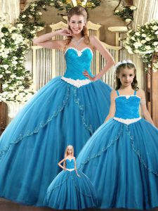 Fitting Sleeveless Tulle Floor Length Lace Up Vestidos de Quinceanera in Teal with Ruching