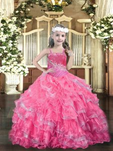 Charming Hot Pink Lace Up Pageant Dress Toddler Beading and Ruffled Layers Sleeveless Floor Length