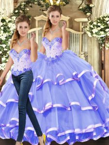 Inexpensive Lavender Ball Gowns Beading and Ruffled Layers Quinceanera Dresses Lace Up Tulle Sleeveless Floor Length