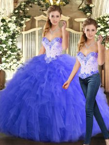 High Quality Beading and Ruffles Quince Ball Gowns Blue Lace Up Sleeveless Floor Length