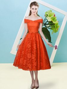 Lace Off The Shoulder Cap Sleeves Lace Up Bowknot Bridesmaid Dress in Rust Red
