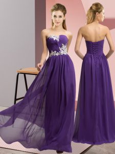 Purple Chiffon Lace Up Sweetheart Sleeveless Floor Length Prom Gown Appliques