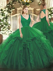 Unique Beading and Lace and Ruffles 15 Quinceanera Dress Dark Green Backless Sleeveless Floor Length