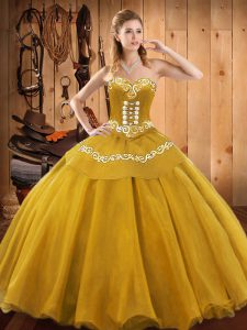 Floor Length Gold Quinceanera Dress Satin and Tulle Sleeveless Embroidery
