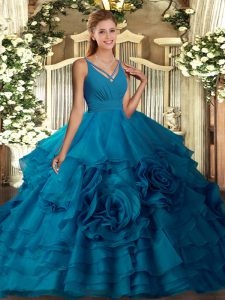 Sleeveless Floor Length Ruffles Backless Sweet 16 Dresses with Blue