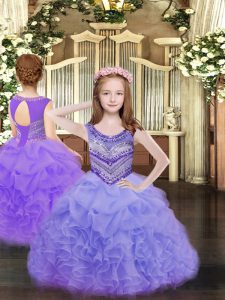 Beauteous Lavender Ball Gowns Scoop Sleeveless Organza Floor Length Lace Up Beading and Ruffles and Pick Ups Girls Pageant Dresses