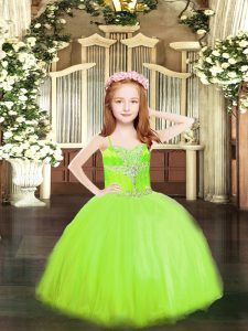Yellow Green Spaghetti Straps Neckline Beading Pageant Dress for Teens Sleeveless Lace Up