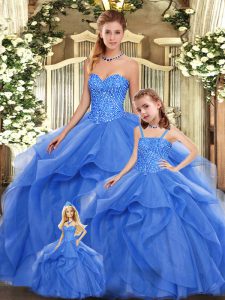 Blue Sleeveless Beading and Ruffles Floor Length Quinceanera Gowns