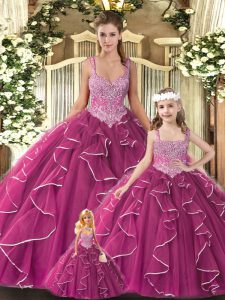 Fuchsia Tulle Lace Up Straps Sleeveless Floor Length 15 Quinceanera Dress Beading and Ruffles