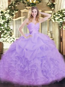 Floor Length Lavender Quince Ball Gowns Organza Sleeveless Beading and Ruffles
