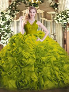 Olive Green Ball Gowns Ruffles 15th Birthday Dress Zipper Fabric With Rolling Flowers Sleeveless Floor Length