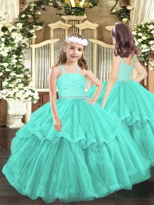 Stylish Turquoise Sleeveless Floor Length Beading and Lace Zipper Kids Pageant Dress