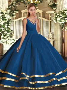 Blue Ball Gowns Ruching Quince Ball Gowns Backless Tulle Sleeveless Floor Length