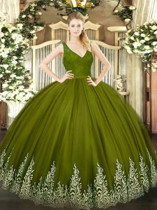 Olive Green Tulle Backless V-neck Sleeveless Floor Length Vestidos de Quinceanera Beading and Lace and Appliques