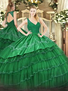 Comfortable Green V-neck Zipper Beading and Embroidery and Ruffled Layers Sweet 16 Dress Sleeveless
