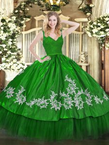Most Popular Green Taffeta Zipper Quinceanera Dress Sleeveless Floor Length Beading and Appliques