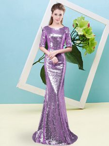 Lavender Zipper Scoop Sequins Homecoming Dress Sequined Half Sleeves