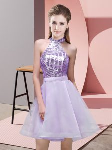 Dazzling Sequins Quinceanera Court Dresses Lavender Backless Sleeveless Mini Length