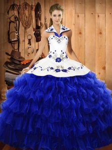 Attractive Royal Blue Sleeveless Floor Length Embroidery and Ruffled Layers Lace Up 15 Quinceanera Dress