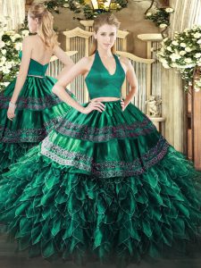 Dynamic Dark Green Quince Ball Gowns Military Ball and Sweet 16 and Quinceanera with Appliques and Ruffles Halter Top Sleeveless Zipper