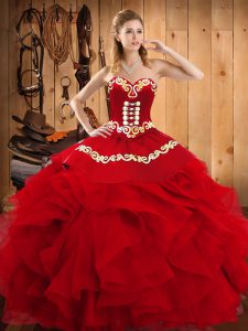 Modern Wine Red Satin and Organza Lace Up Quinceanera Gowns Sleeveless Floor Length Embroidery and Ruffles