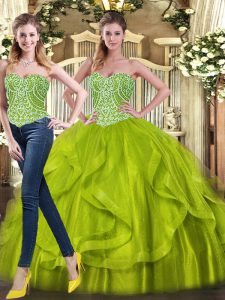 Olive Green Lace Up Quinceanera Dresses Beading and Ruffles Sleeveless Floor Length