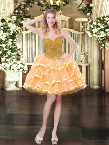Ideal Peach Ball Gowns Organza Sweetheart Sleeveless Beading and Ruffled Layers Mini Length Lace Up Prom Gown