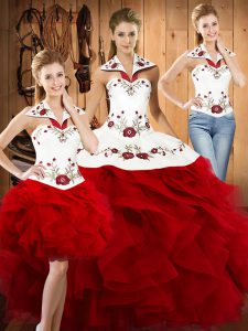 Sweet Wine Red Sweet 16 Dresses Military Ball and Sweet 16 and Quinceanera with Embroidery and Ruffles Halter Top Sleeveless Lace Up
