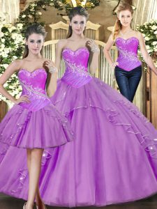 Custom Fit Lilac Lace Up Vestidos de Quinceanera Beading Sleeveless Floor Length