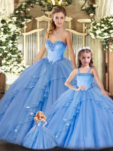 Custom Design Baby Blue Organza Lace Up 15 Quinceanera Dress Sleeveless Floor Length Beading and Ruffles