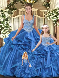 Best Blue Sleeveless Tulle Lace Up Ball Gown Prom Dress for Military Ball and Sweet 16 and Quinceanera