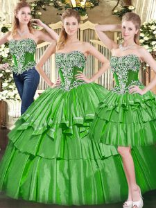 Trendy Floor Length Green Sweet 16 Dresses Tulle Sleeveless Beading and Ruffled Layers