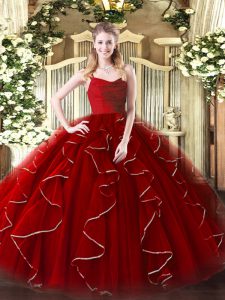 Deluxe Wine Red Organza Zipper Straps Sleeveless Floor Length Sweet 16 Dresses Ruffles
