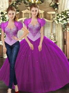Floor Length Fuchsia Ball Gown Prom Dress Tulle Sleeveless Beading