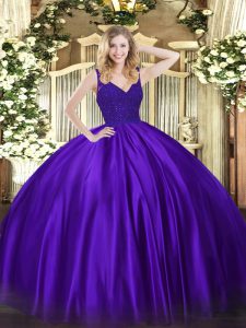 Sleeveless Satin Floor Length Backless Sweet 16 Dress in Purple with Beading and Lace