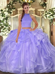 Floor Length Side Zipper Quince Ball Gowns Lavender for Military Ball and Sweet 16 and Quinceanera with Beading and Ruffles