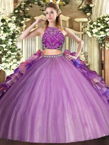 Glittering Multi-color Two Pieces High-neck Sleeveless Tulle Floor Length Zipper Beading and Ruffles Quinceanera Gowns