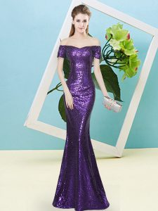 Purple Off The Shoulder Neckline Sequins Homecoming Dress Short Sleeves Zipper