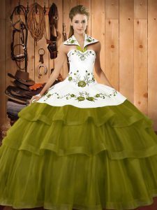 Glittering Olive Green Ball Gown Prom Dress Military Ball and Sweet 16 and Quinceanera with Embroidery and Ruffled Layers Halter Top Sleeveless Sweep Train Lace Up