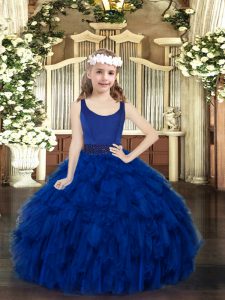 Scoop Sleeveless Little Girls Pageant Dress Wholesale Floor Length Beading and Ruffles Royal Blue Organza