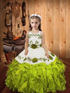Olive Green Lace Up Pageant Dress for Teens Embroidery and Ruffles Sleeveless Floor Length