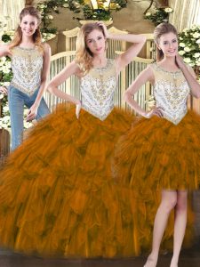 Artistic Brown Sleeveless Beading and Ruffles Floor Length 15 Quinceanera Dress