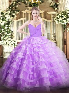 Custom Fit Sleeveless Organza Floor Length Zipper Sweet 16 Quinceanera Dress in Lavender with Ruffled Layers