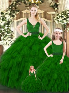 Best Selling Sleeveless Floor Length Ruffles Zipper Quince Ball Gowns with Green