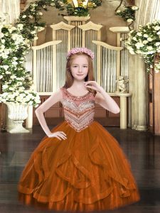Custom Made Scoop Sleeveless Child Pageant Dress Floor Length Beading and Ruffles Rust Red Tulle