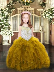 Graceful Gold Organza Zipper Scoop Sleeveless Floor Length Pageant Gowns Beading and Ruffles